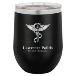 Chiropractor Emblem 12 Ounce Black Insulated Stemless Wine Glass