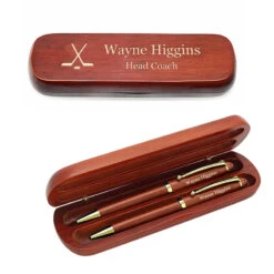Hockey Themed Laser Engraved Cherrywood Double Pen And Box Set