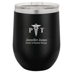 Physical Therapist Emblem 12 Ounce Black Insulated Stemless Wine Glass